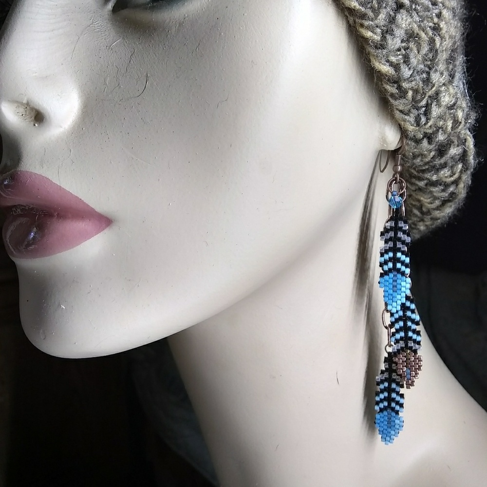 Beaded Handmade Turquoise Feather Long Earrings - Picture 3 of 6